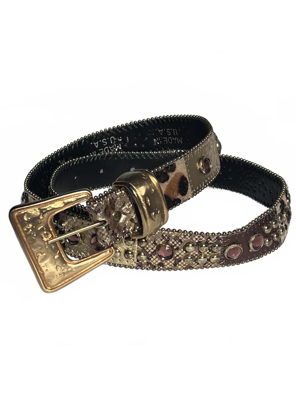 The Icing Animal Snake Leopard Print Belt Gold Tone Buckle Rodeo Rhinestone VTG